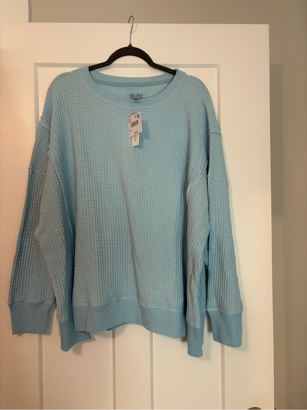 American Eagle Outfitters Light Blue Waffle-Knit Crewneck Sweatshirt
